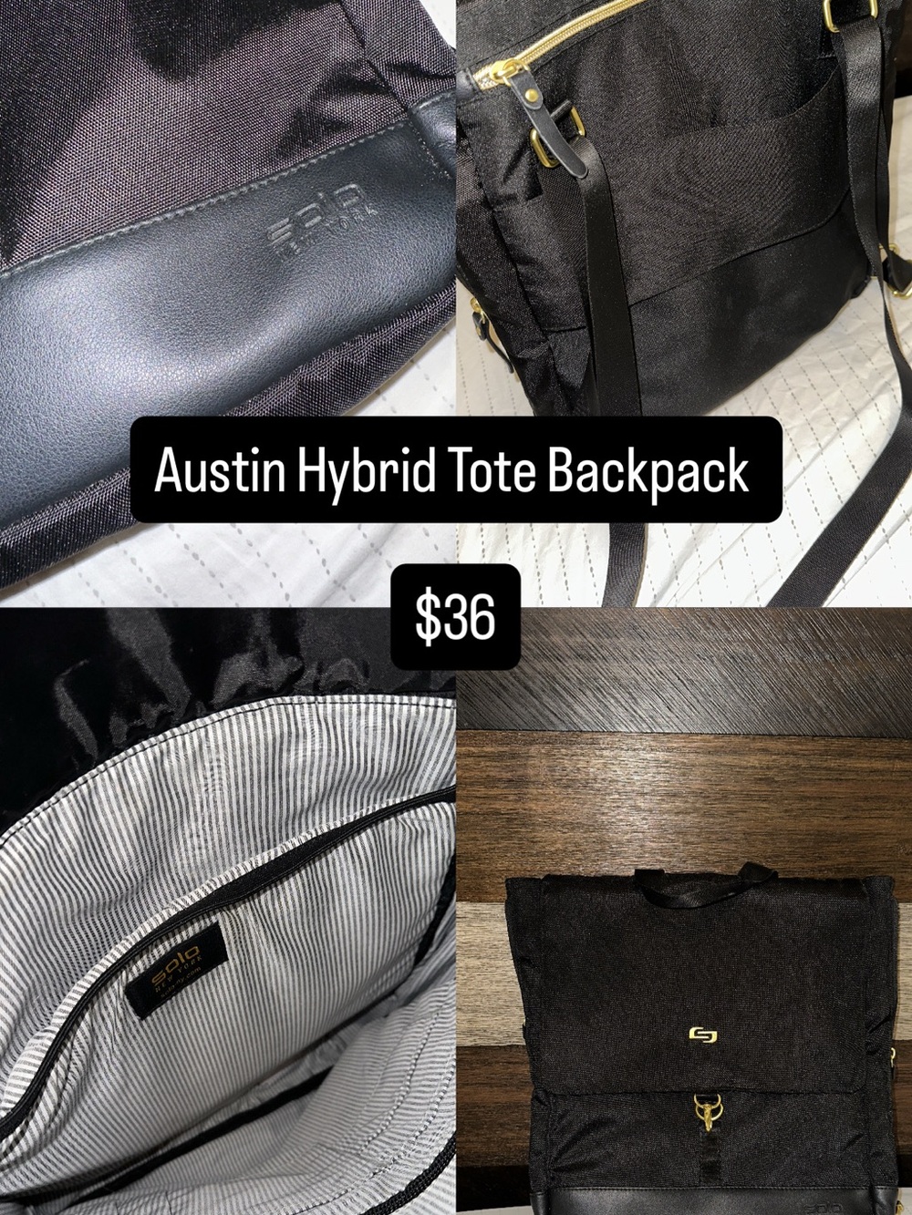 solo Austin Hybrid Tote Backpack - Black with Gold Hardware